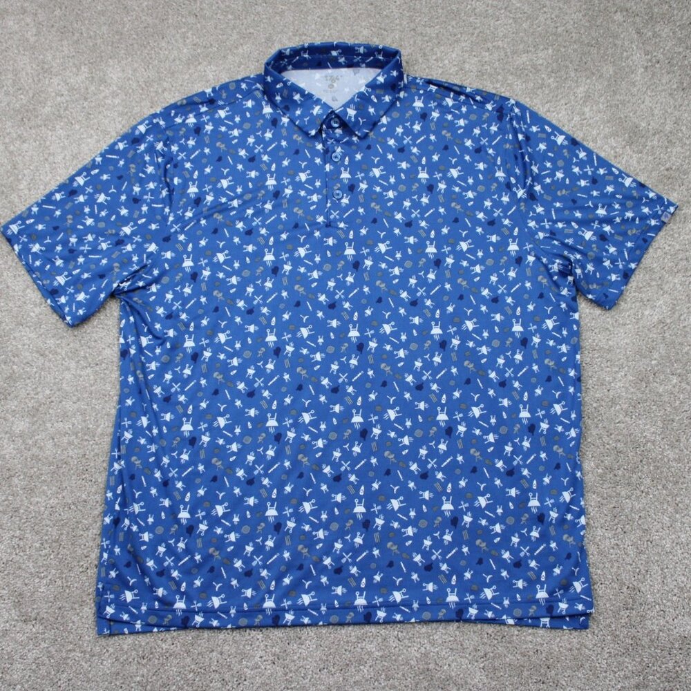 1764 AOP Polo Shirt Mens XL Blue BBQ Grills All Over Print Poly Stretch S/S Golf